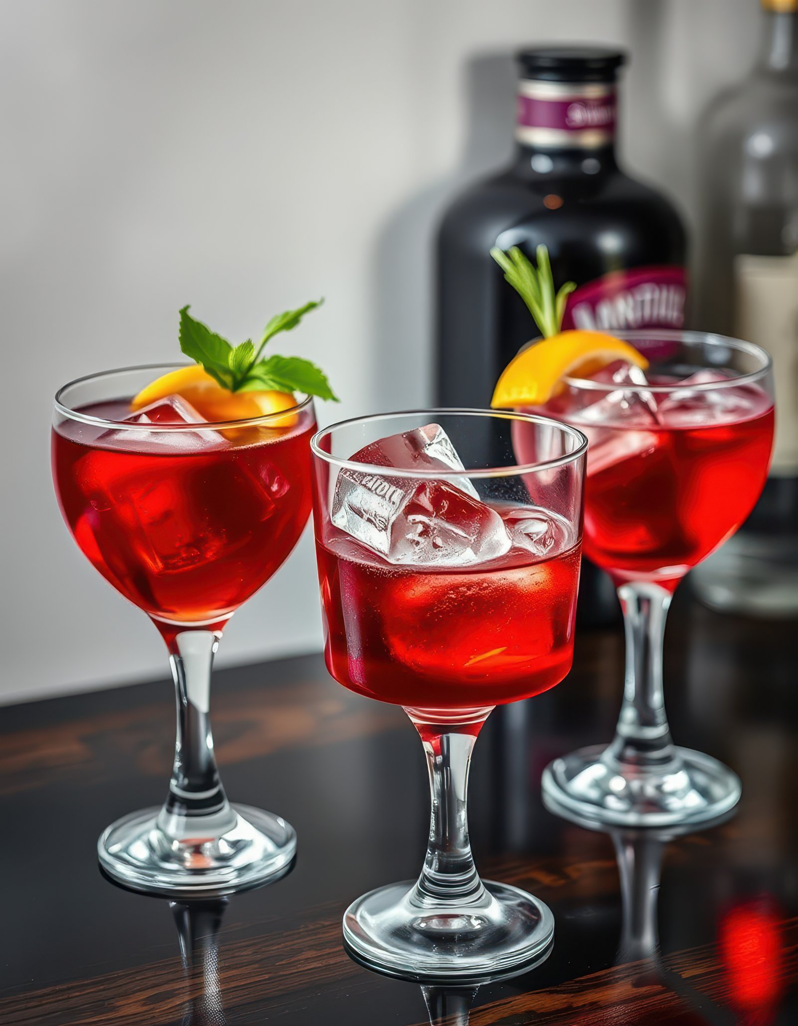 Colorful cocktails served in elegant glasses with garnishes on a stylish bar